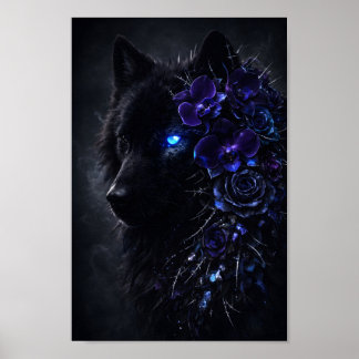 Gotische Zwarte Wolf Glanzend Blauw Oog Paarse Blo Poster