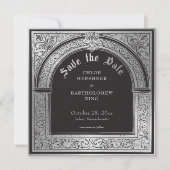 Gotische Zwarte Zilver Middeleeuwse Foto Bruiloft Save The Date (Voorkant)