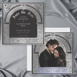 Gotische Zwarte Zilver Middeleeuwse Foto Bruiloft Save The Date