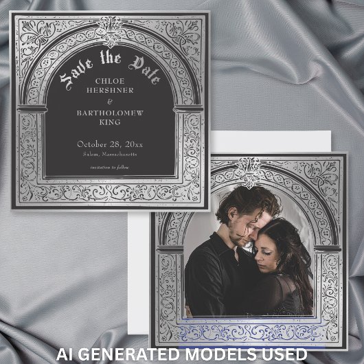 Gotische Zwarte Zilver Middeleeuwse Foto Bruiloft Save The Date