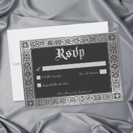Gotische Zwarte Zilveren Middeleeuwse Bruiloft RSVP Kaartje