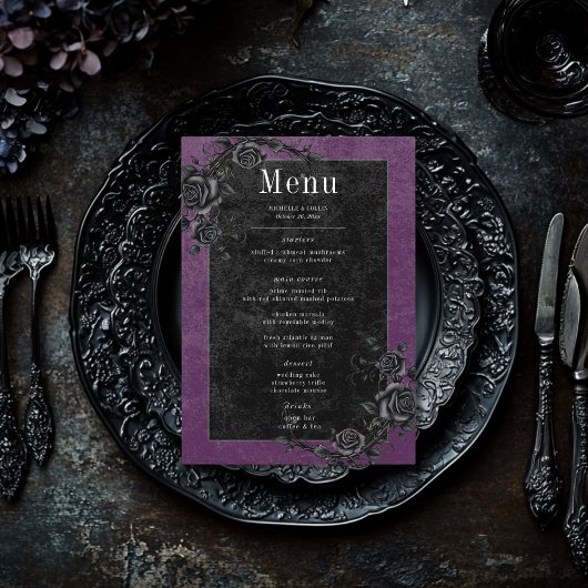 Gotische Zwarwe Raaf & Zwarte Rozen Paarse Bruilof Menu