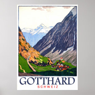Gotthard pass, Zwitserland, dorp, vintage Poster