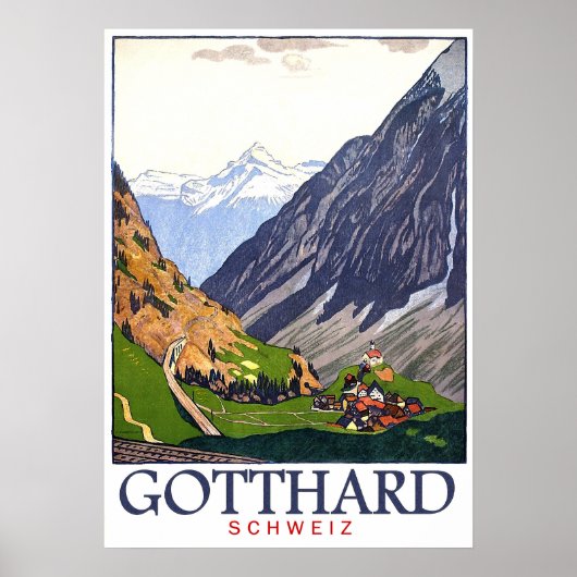Gotthardpas, Zwitserland, dorp, vintage Poster (Voorkant)