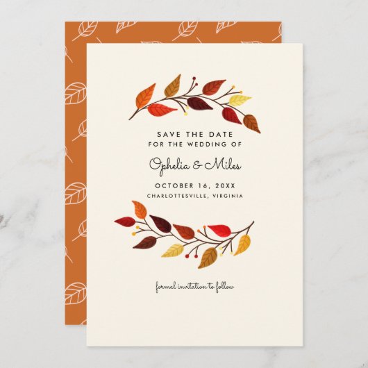 Gouache Autumn Branches Wedding Save the Date (Voorkant / Achterkant)