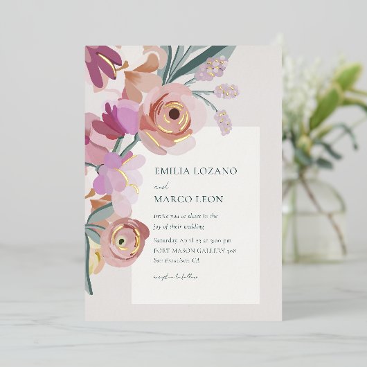 gouache bloesems folie uitnodiging (Staand Voorkant)