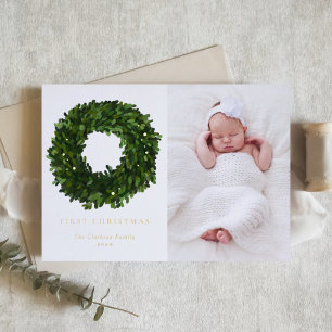 Gouache Boxwood Krans Eerste Baby Kerstfoto Folie Feestdagenkaart