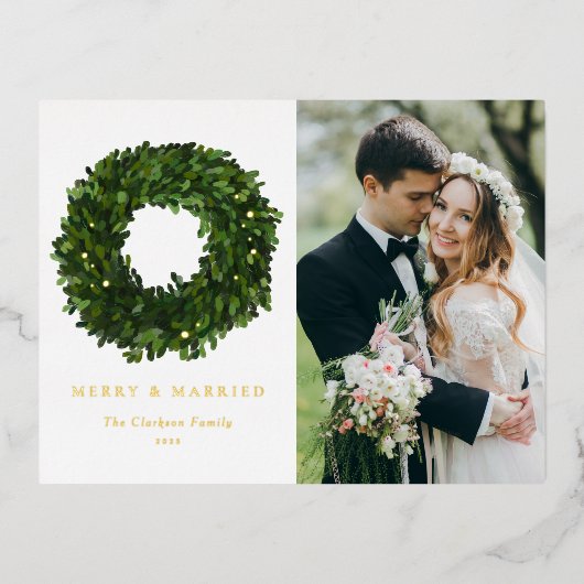 Gouache Boxwood Krans Pas getrouwd Kerstfoto Folie Feestdagen Briefkaart (Voorkant)
