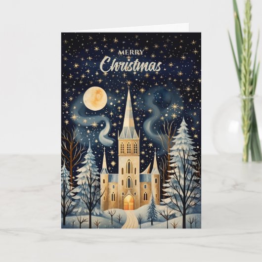  gouache gestileerde winterkerk kerst feestdagen kaart (Voorkant)