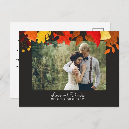 Gouache herfst bladeren op zwarte bruiloft dank u briefkaart (Voorkant / Achterkant)