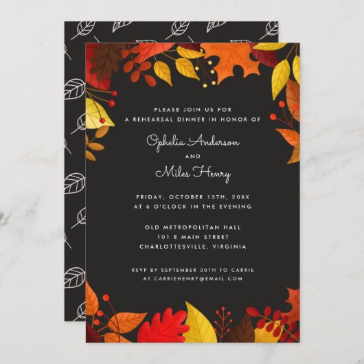 Gouache herfstblaadjes op zwart repetitie diner kaart (Voorkant / Achterkant)