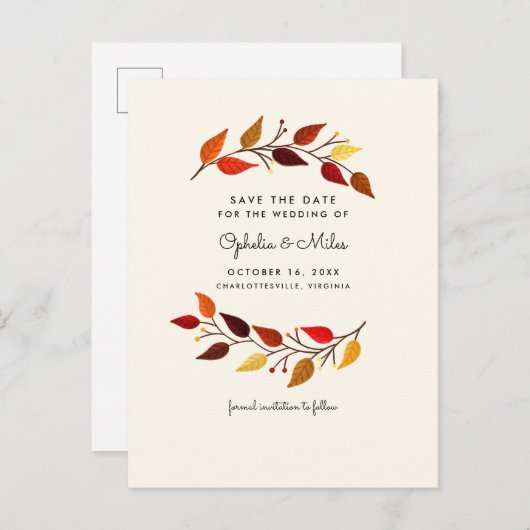 Gouache Herfstbladeren Save the Date Aankondigingskaart (Voorkant / Achterkant)