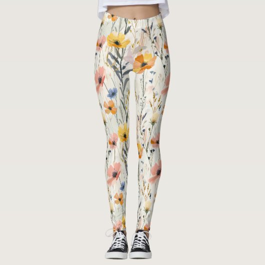 Gouache Meadow Flowers Patroon Leggings (Voorkant)