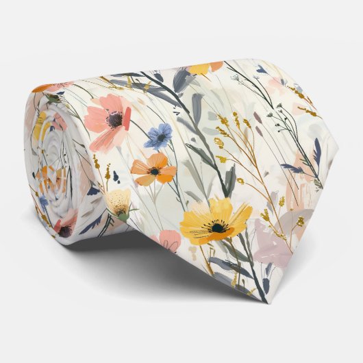 Gouache Meadow Flowers Patroon Stropdas (Opgerold)