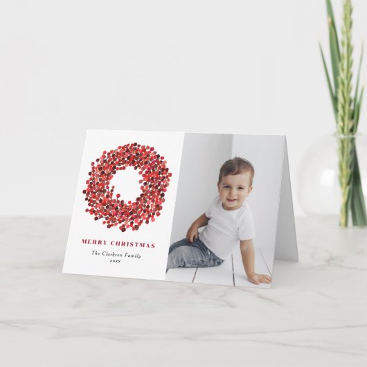 Gouache Red Winterberry Krans Foto Kerst Feestdagen Kaart (Voorkant)