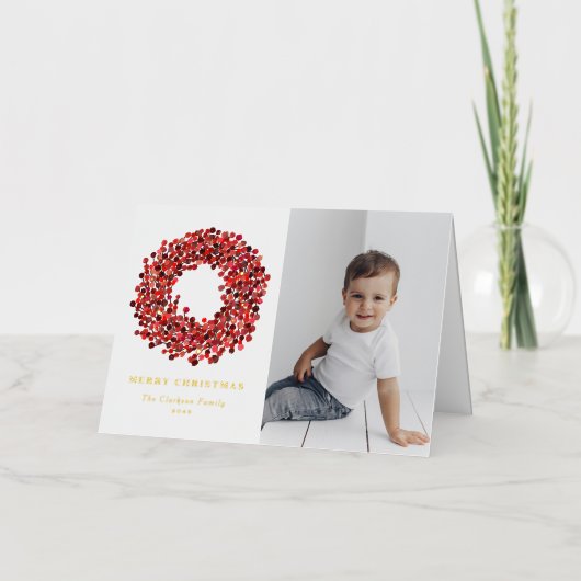 Gouache Rode Winterbes Kranz Foto Kerstmis Folie Feestdagenkaart (Voorkant)