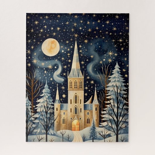 Gouache Stijlvolle Winterkerk 16x20 Legpuzzel (Verticaal)
