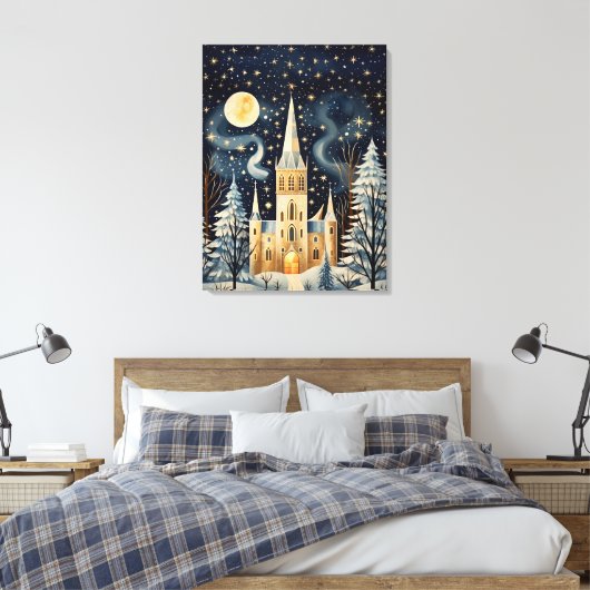  Gouache Stijlvolle Winterkerk 32x24 Canvas Afdruk (Insitu (Slaapkamer))