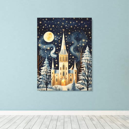  Gouache Stijlvolle Winterkerk 32x24 Canvas Afdruk (Insitu (Houten vloer))