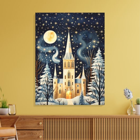 Gouache Stijlvolle Winterkerk 32x24 Canvas Afdruk (Insitu (Woonkamer))