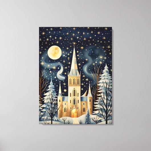 Gouache Stijlvolle Winterkerk 32x24 Canvas Afdruk (Voorkant)