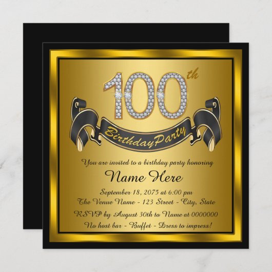 Goud 100e verjaardagsfeestje kaart (Voorkant / Achterkant)