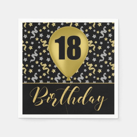Goud 18 Verjaardag in Goud en Zilver op Zwart Servet (Voorkant)