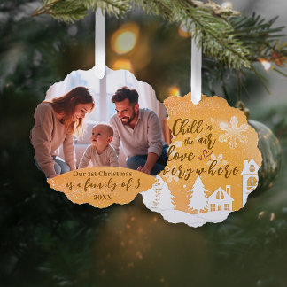 Goud 1e Kerstfamilie van 3 Quote Foto Ornament Kaart