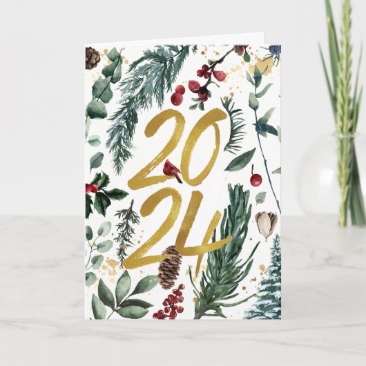 Goud 2025 Feestelijke Kerst Pine Bough Rode Bloeme Feestdagen Kaart (Voorkant)
