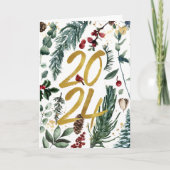Goud 2025 Feestelijke Kerst Pine Bough Rode Bloeme Feestdagen Kaart (Voorkant)
