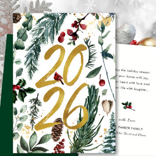 Goud 2025 Feestelijke Kerst Pine Bough Rode Bloeme Feestdagen Kaart