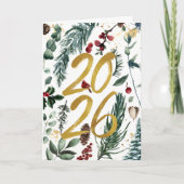 Goud 2025 Feestelijke Kerst Pine Bough Rode Bloeme Feestdagen Kaart (Voorkant)