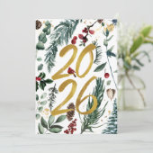 Goud 2025 Feestelijke Kerst Pine Bough Rode Bloeme Feestdagenkaart (Staand voorkant)