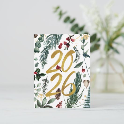 Goud 2025 Feestelijke Kerst Pine Bough Rode Bloeme Feestdagenkaart (Staand voorkant)