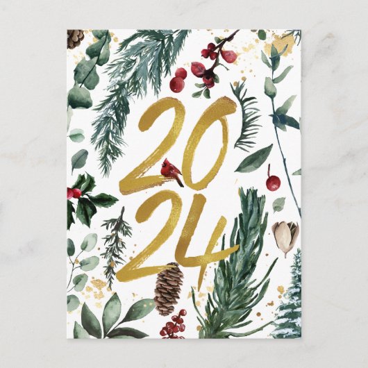 Goud 2025 Feestelijke Kerst Pine Bough Rode Bloeme Feestdagenkaart (Voorkant)