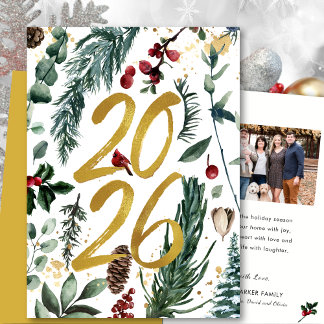 Goud 2025 Feestelijke Kerstmis Pine Bough Red Foto Feestdagen Kaart