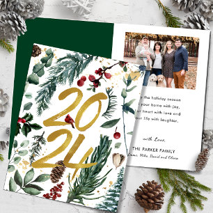 Goud 2025 Feestelijke Kerstmis Pine Bough Red Foto Feestdagen Kaart