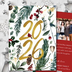 Goud 2025 Feestelijke Kerstmis Pine Bough Red Foto Feestdagenkaart