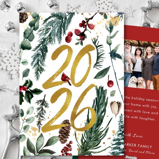 Goud 2025 Feestelijke Kerstmis Pine Bough Red Foto Feestdagenkaart