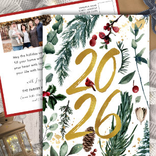 Goud 2025 Feestelijke Kerstmis Pine Bough Red Foto Feestdagenkaart
