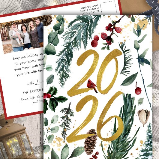 Goud 2025 Feestelijke Kerstmis Pine Bough Red Foto Feestdagenkaart