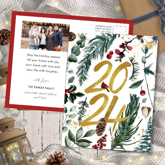 Goud 2025 Feestelijke Kerstmis Pine Bough Red Foto Feestdagenkaart