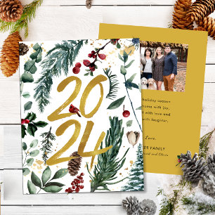 Goud 2025 Feestelijke Kerstmis Pine Bough Red Foto Feestdagenkaart