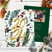 Goud 2025 Feestelijke Kerstmis Pine Bough Red Foto Feestdagenkaart