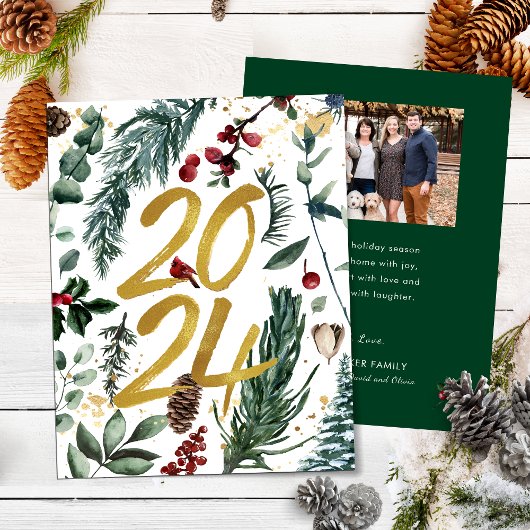 Goud 2025 Feestelijke Kerstmis Pine Bough Red Foto Feestdagenkaart