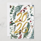 Goud 2026 Festieve Kerstdennen Tak Rode Bloemen Feestdagenkaart (Voorkant)