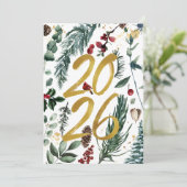 Goud 2026 Festieve Kerstdennen Tak Rode Bloemen Feestdagenkaart (Staand voorkant)