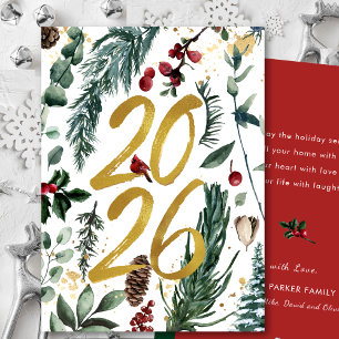 Goud 2026 Festieve Kerstdennen Tak Rode Bloemen Feestdagenkaart