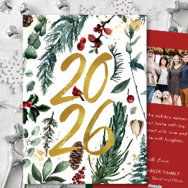 Goud 2026 Festieve Kerstdennen Tak Rood Foto Feestdagenkaart