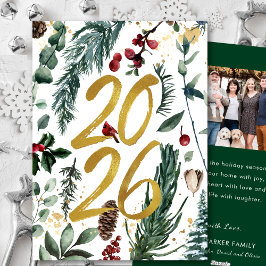 Goud 2026 Festieve Kerstdennen Tak Rood Foto Feestdagenkaart